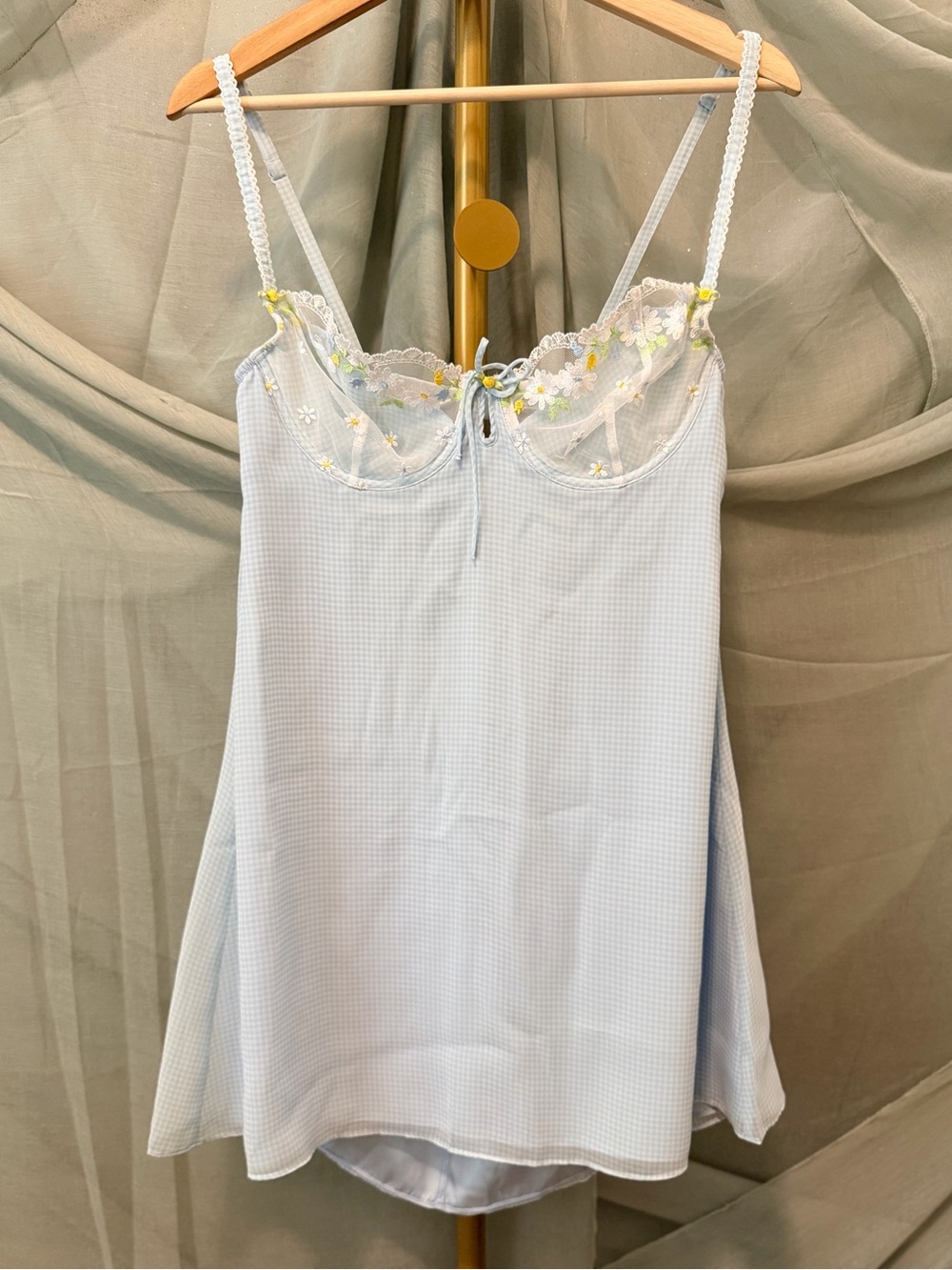 For Love & Lemons Pale Blue Gingham Floral-Embroidered Lingerie - Picture 2 of 7